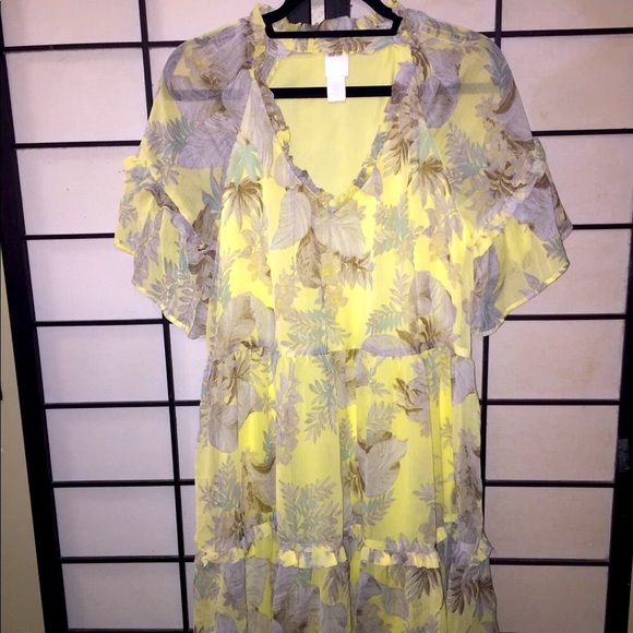 H&M yellow ruffle chiffon print top mini dress tunic 6 - Picture 2 of 10